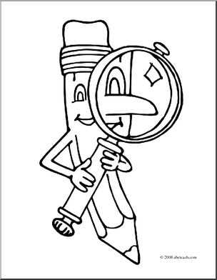 Clip art cartoon pencil w magnifying glass coloring page i