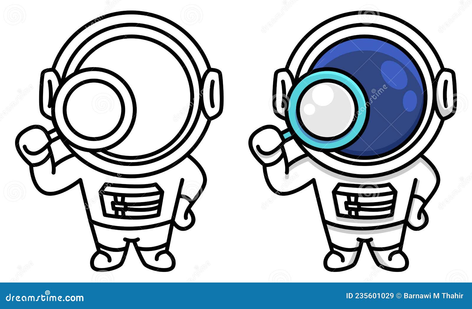 Astronaut holding magnifying glass coloring page for kids stock vector