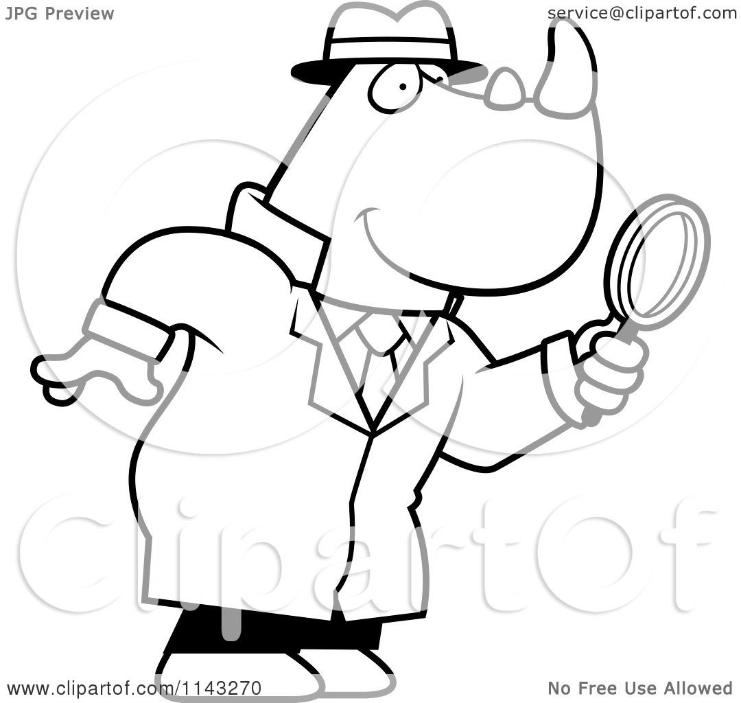 Cartoon clipart of a black and white rhino detective using a magnifying glass