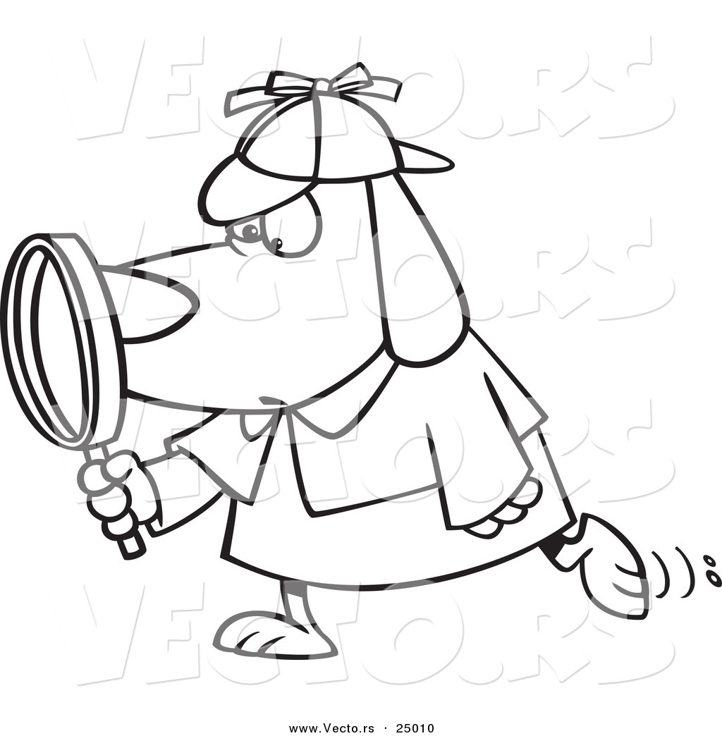R of a cartoon sleuth dog using a magnifying glass