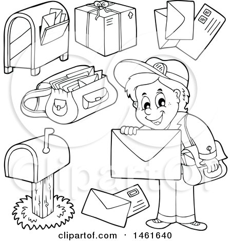 Clipart of a black and white mailman and accessories