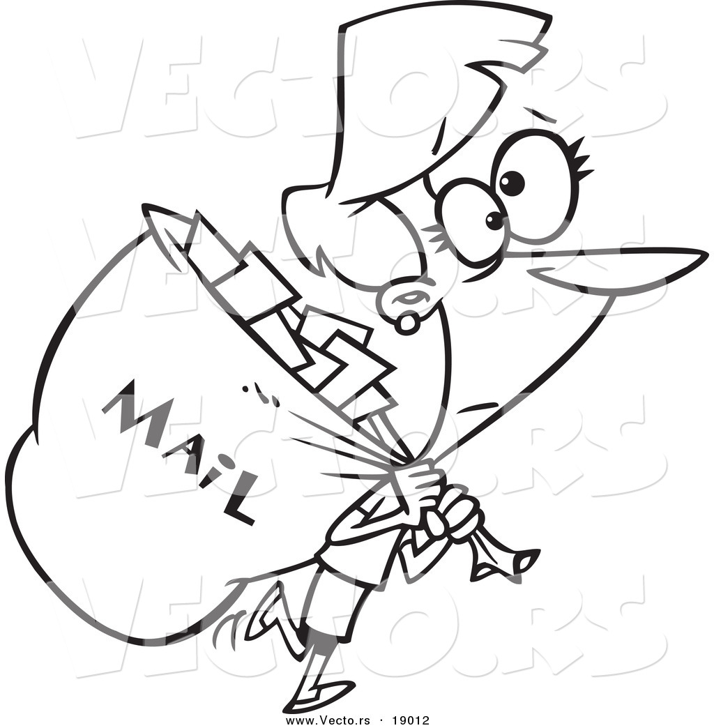R of a cartoon mail woman carrying a big bag