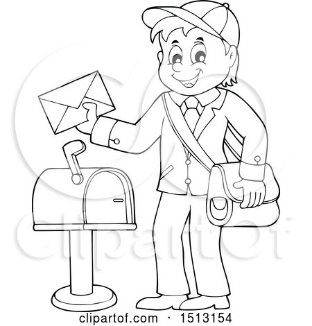 Clipart of a black and white happy mail man holding an envelope over a mailbox