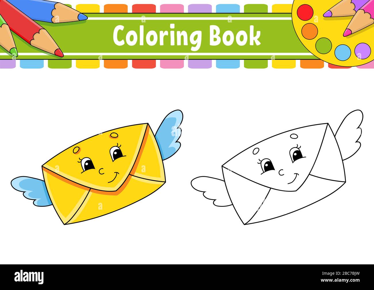Coloring book for kids a mail envelope with wings flies and smiles cartoon character vector illustration black contour silhouette isolated on whi stock vector image art