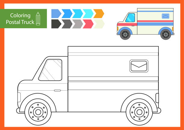 Coloring with drawn a postal truck of mail delivery drawing worksheets for children children funny picture riddle coloring page for kids drawing lesson activity game for book vector illustration stock illustration