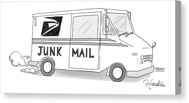 A postal truck has the phrase junk mail canvas print canvas art by charlie hankin