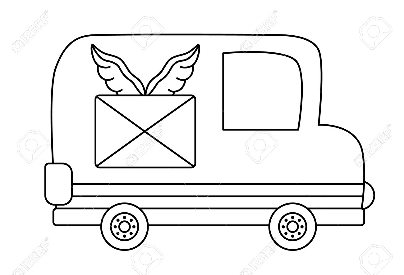 Vector black and white post truck funny line transportation for kids cute vehicle for delivering mail clip art special transport icon or coloring page isolated on white background royalty free svg cliparts