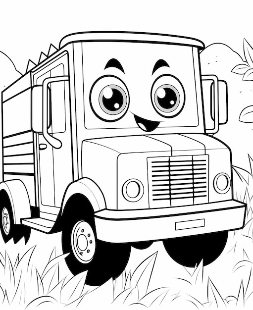 Premium ai image coloring page for kids mail truck cartoon style simple black and white line art