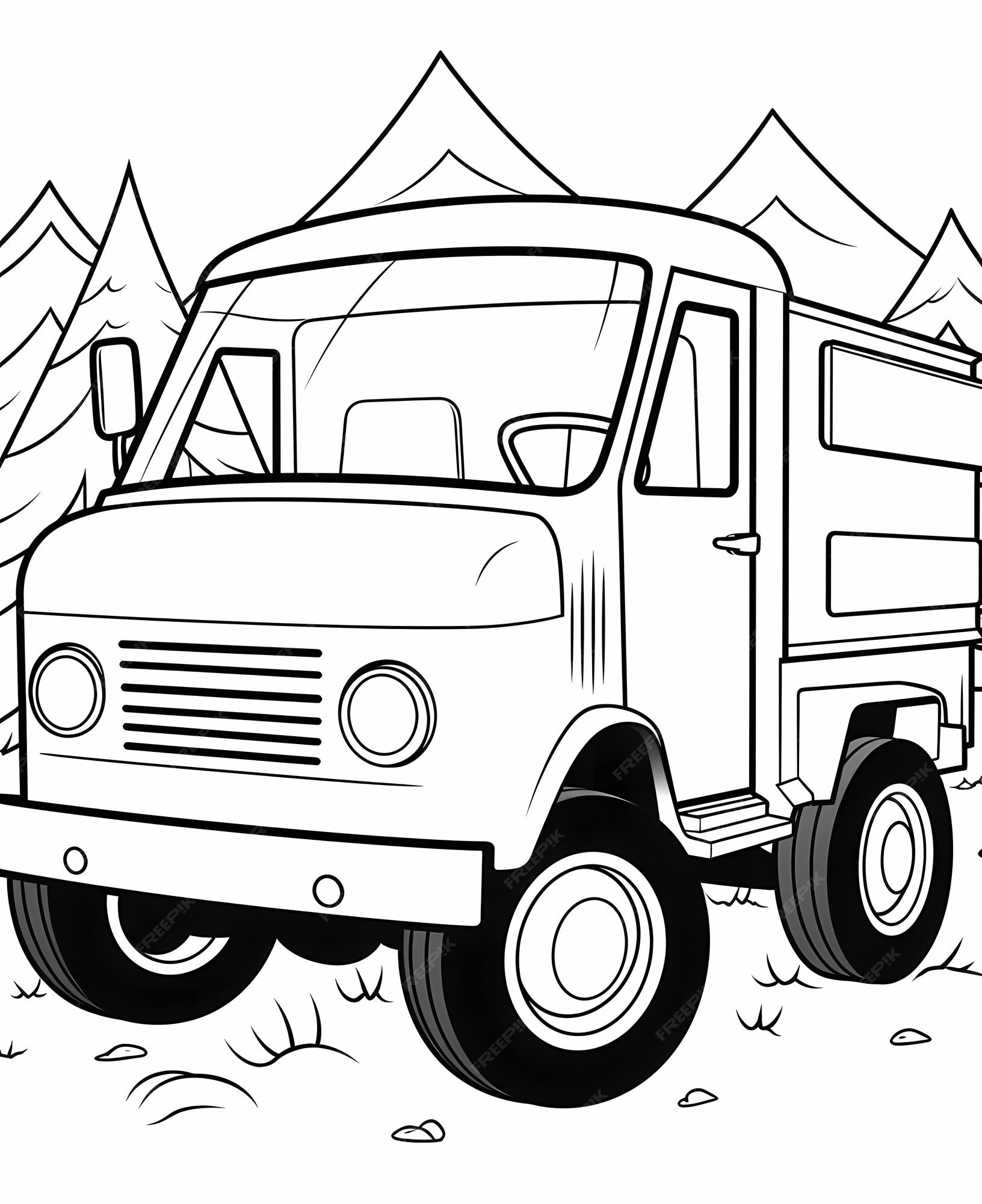 Pãgina para colorir para crianãas estilo de desenho animado mail truck simples arte de linha preta e anca foto premium
