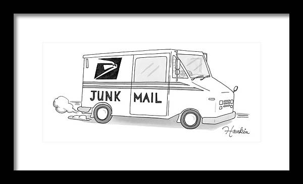 A postal truck has the phrase junk mail framed print by charlie hankin
