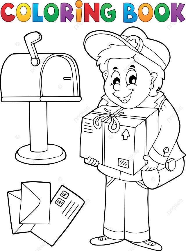 Coloring book mailman delivering box mailbox cap colouring vector mailbox cap colouring png and vector with transparent background for free download