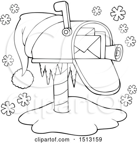 Clipart of a black and white christmas mailbox with a santa hat