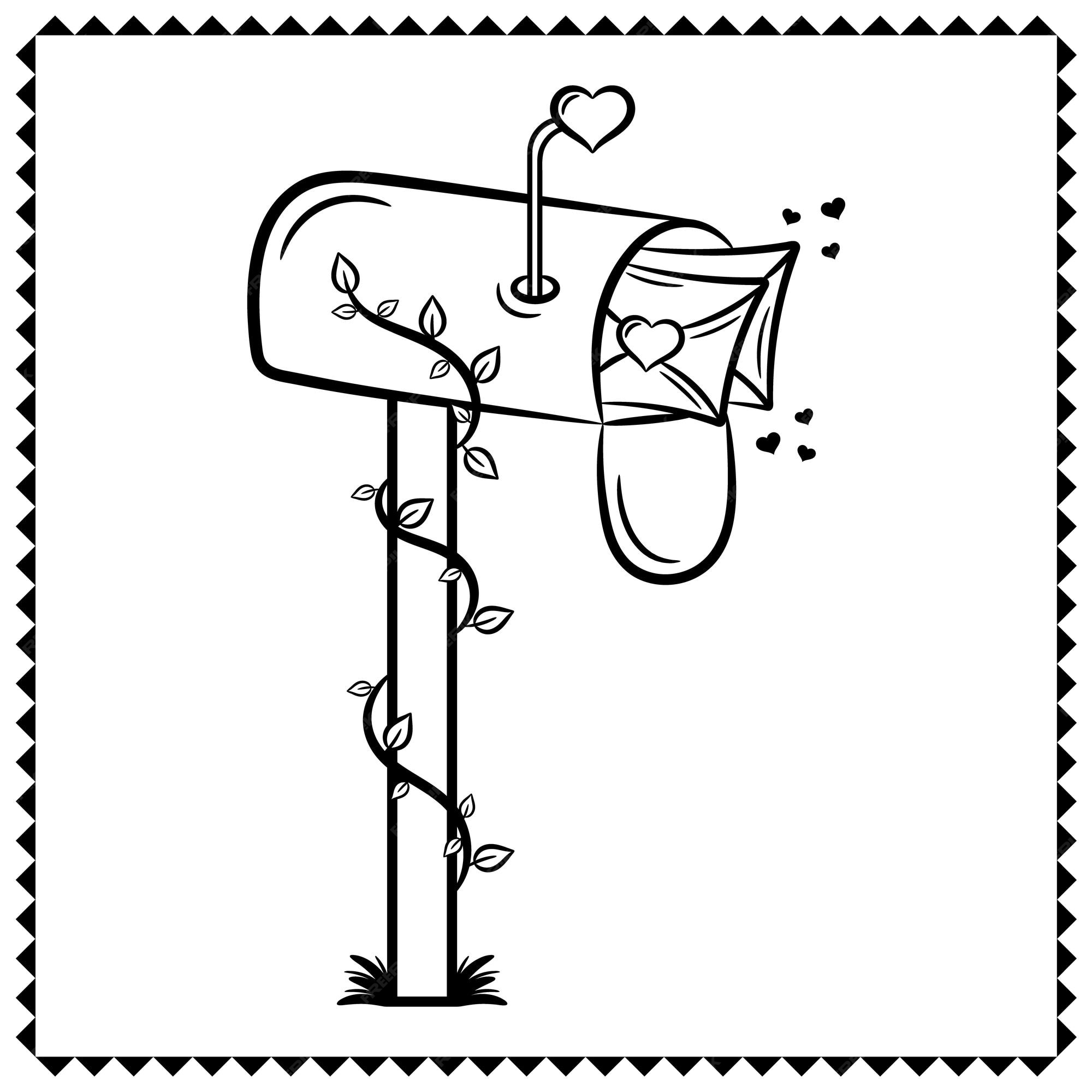 Premium vector valentine love mailbox with envelopes drawing sketch for coloring