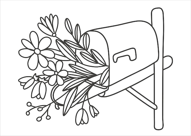 Premium vector black and white mailbox with flowers bouquet of wild flowers romantic mail picture for coloring