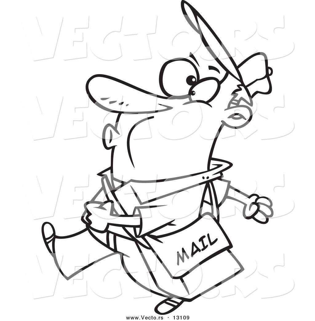 R of a cartoon happy mail man walking and whistling