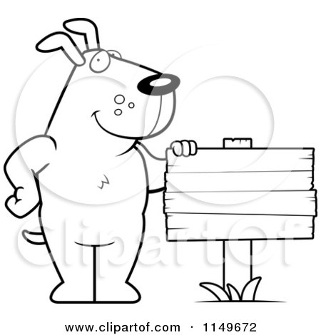 Cartoon clipart of a black and white dog standing beside a blank wood sign