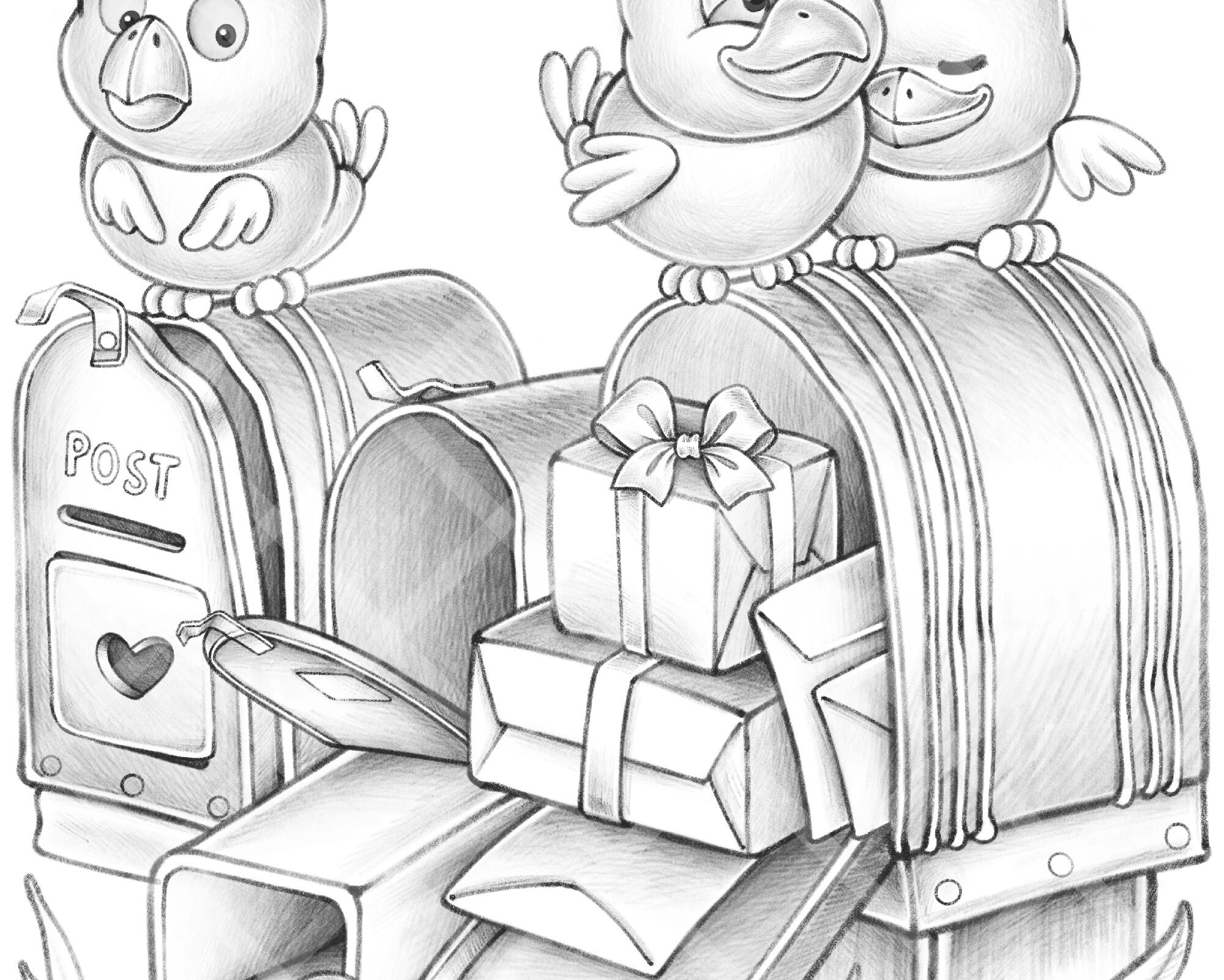 Mailboxes adult coloring book page downloadable kids coloring page printable coloring page vintage digital stamp nature bird cute download now