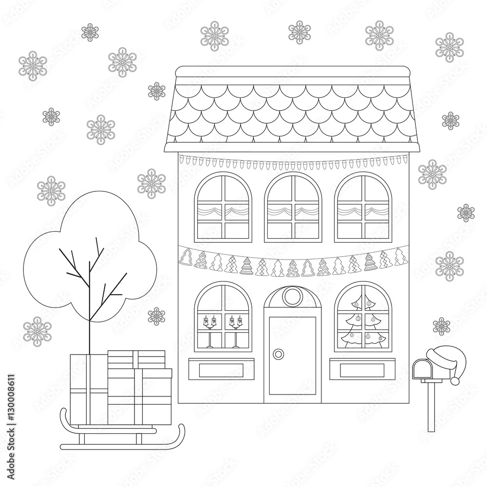 Coloring page house in the decoration of christmas sleigh with gifts mailbox in father christmas hat coloring book vector illustration vector