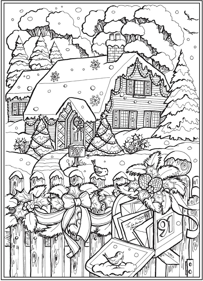 Cabin with mailbox winter scene from creative haven country christmas câ christmas coloring sheets christmas coloring books printable christmas coloring pages