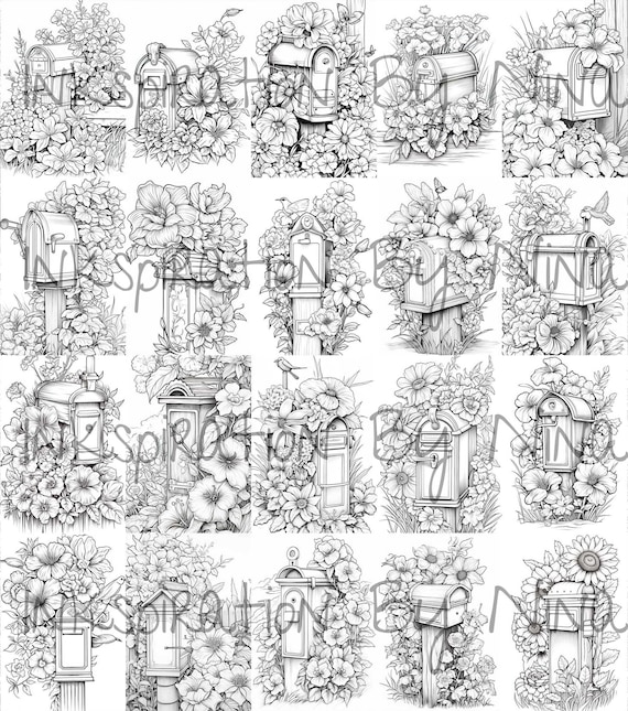 Vintage flower mailbox coloring pages premium adult kids retro coloring sheets coloring book a size printable digital pdf download