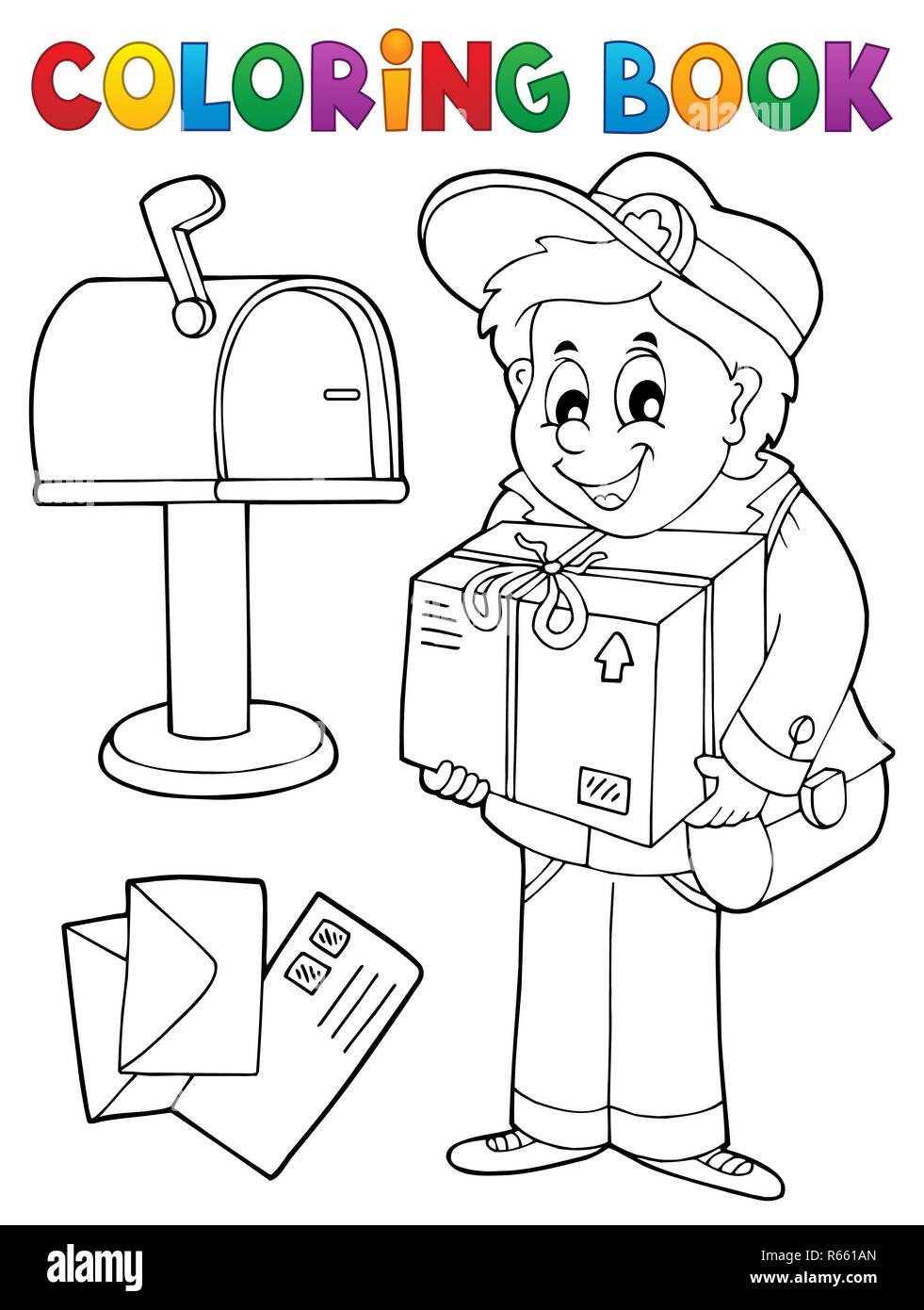 Coloring book mailman delivering box stock photo