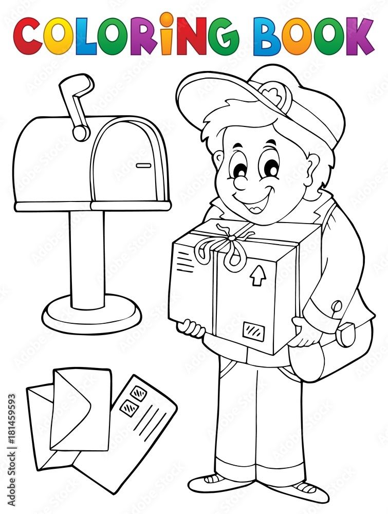 Coloring book mailman delivering box vector