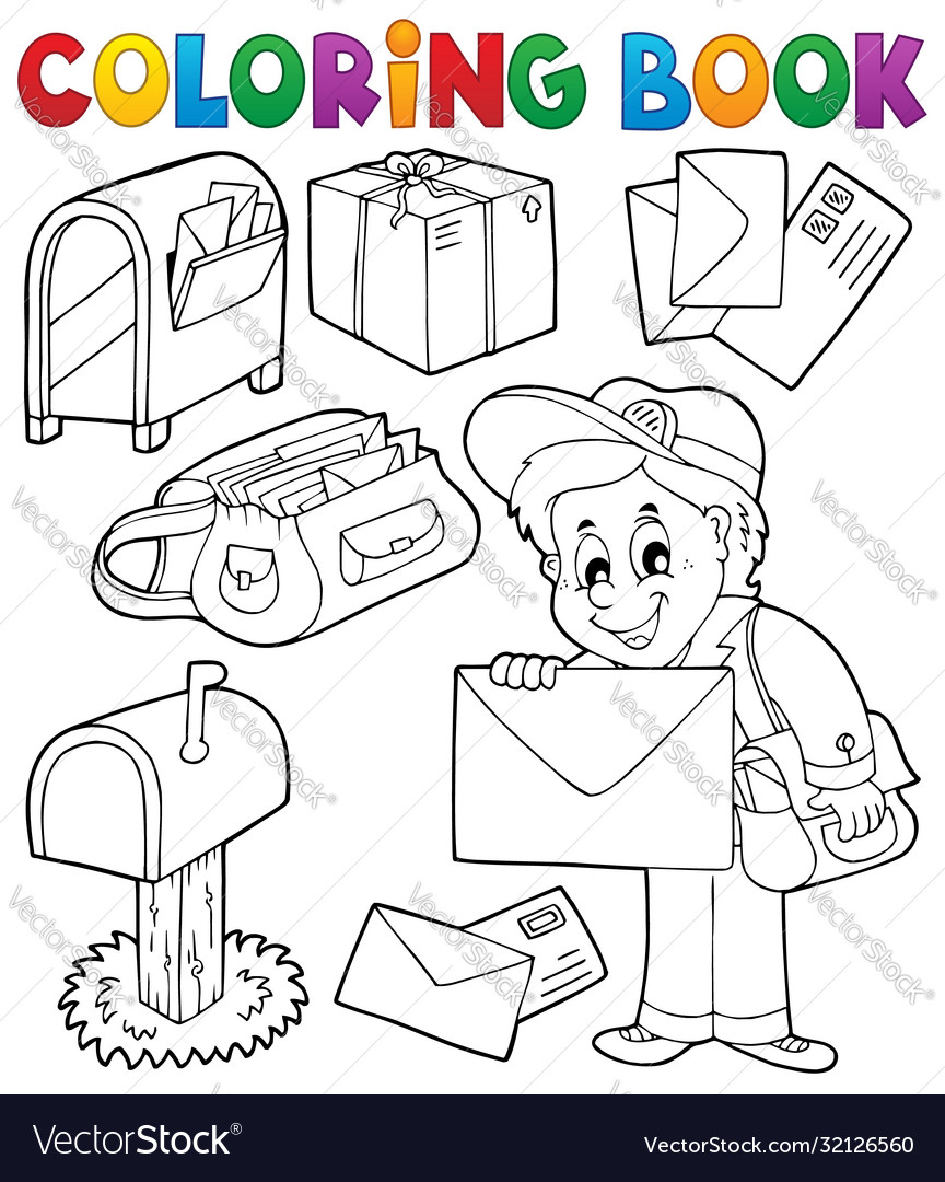 Coloring book with postman thematics royalty free vector
