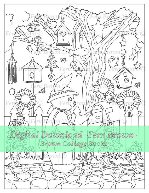 Adult coloring page rabbit family animals printable download line art mailman bunny by fern brown hand