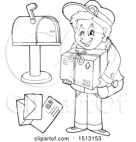 Clipart of a black and white happy mail man with letters a package and mailbox