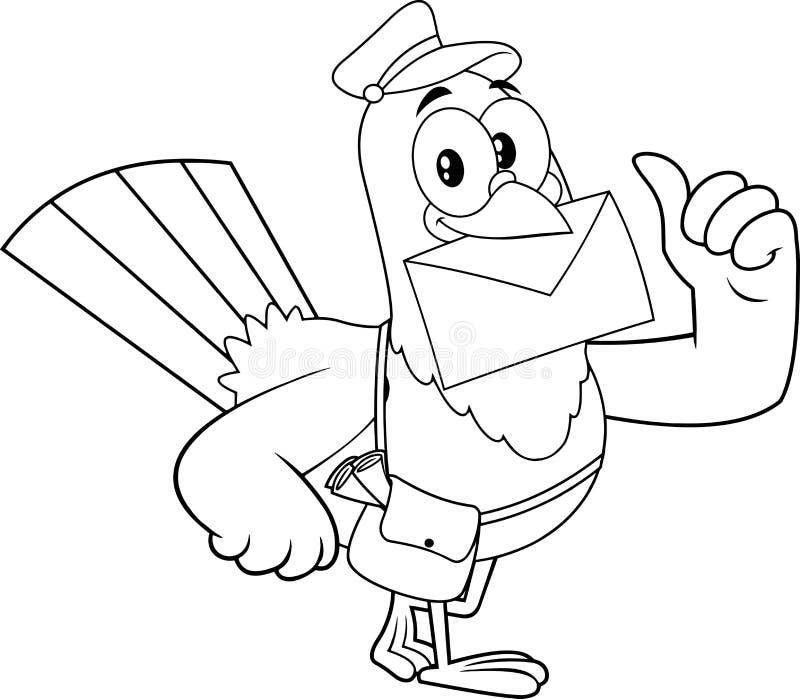 Black and white pigeon bird cartoon character delivering letter and giving thumbs up stock vector