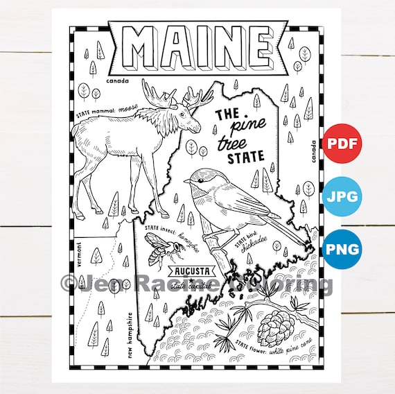 Maine coloring page united states state map wildlife state symbols flowers coloring pages