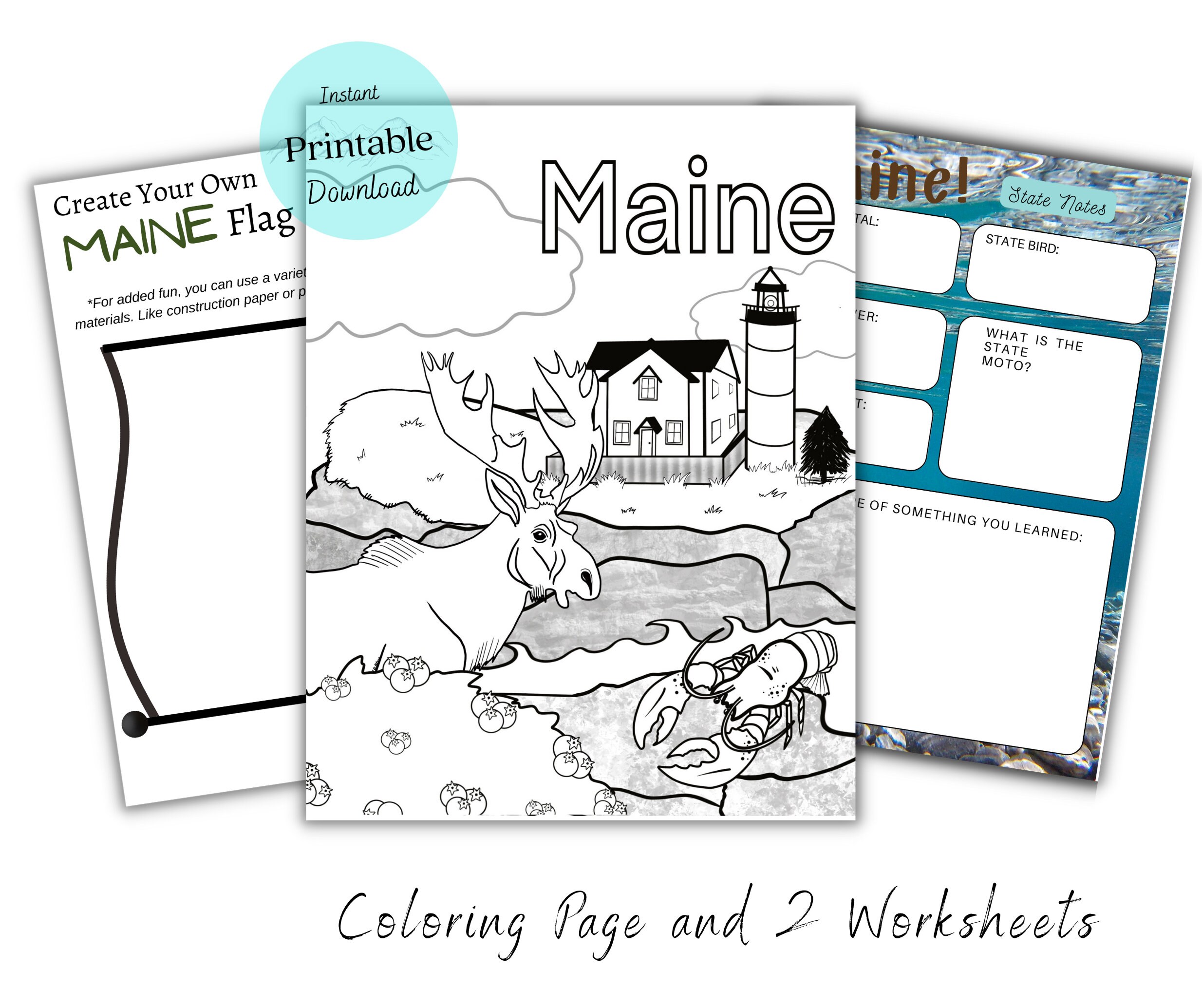 Maine coloring page us coloring page nubble lighthouse travel worksheets united states activity hand drawn digital download
