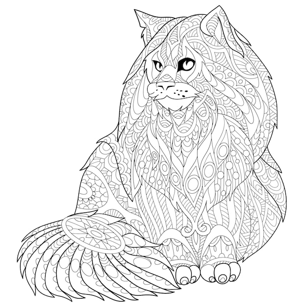 Premium vector maine coon cat zentangle colouring illustration line art design for adult coloring book page