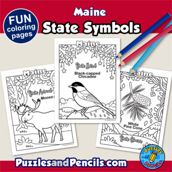 Maine state symbols activity coloring pages word search puzzle bundle