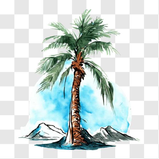 Download tropical paradise palm tree in the water with scenic mountain view png online