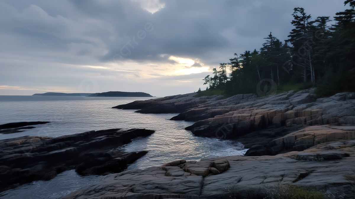 Rocky beach with trees and waves near a coastal area background picture from maine background image and wallpaper for free download