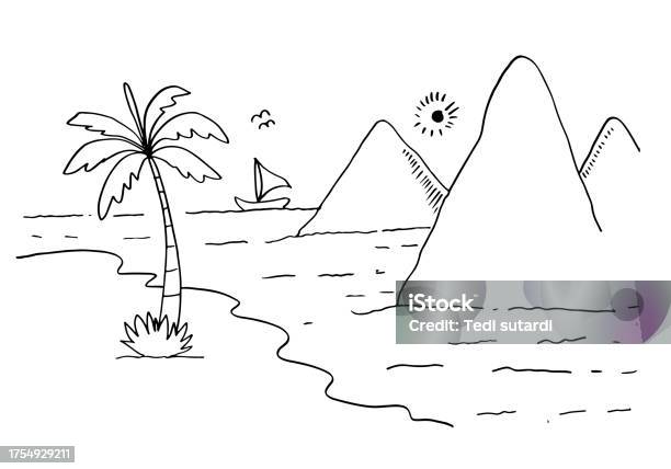 Coloring page with landscape with shrub stock illustration