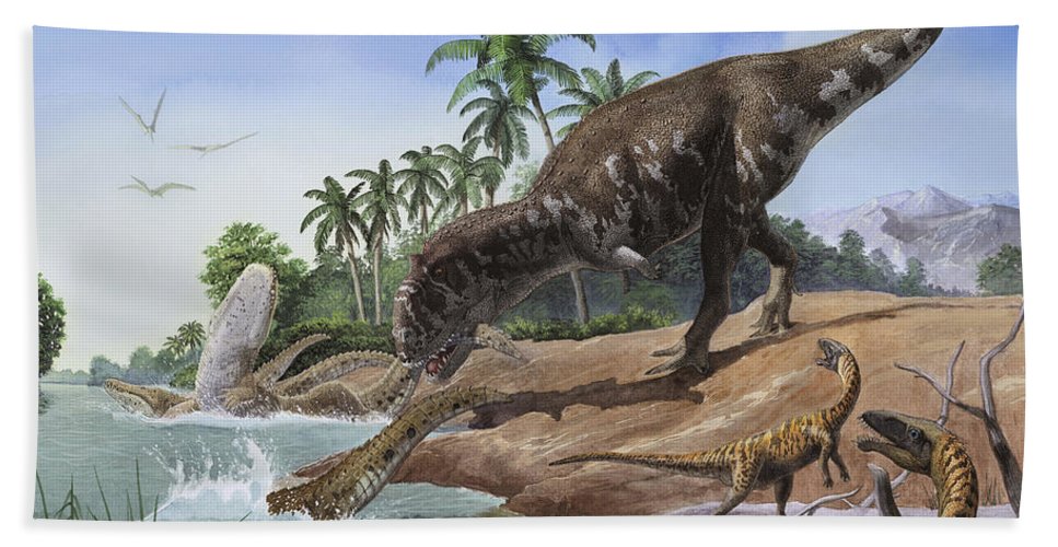 A majungasaurus grabs the tail beach sheet by sergey krasovskiy