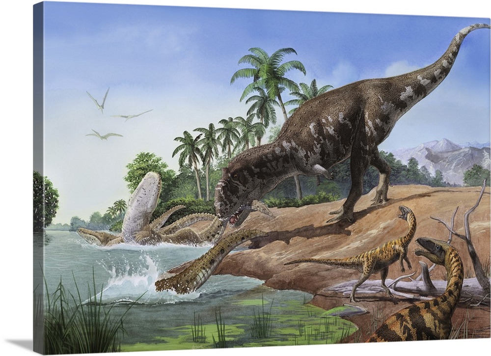 A majungasaurus grabs the tail of a crocodilian mahajangasuchu wall art canvas prints framed prints wall peels great big canvas
