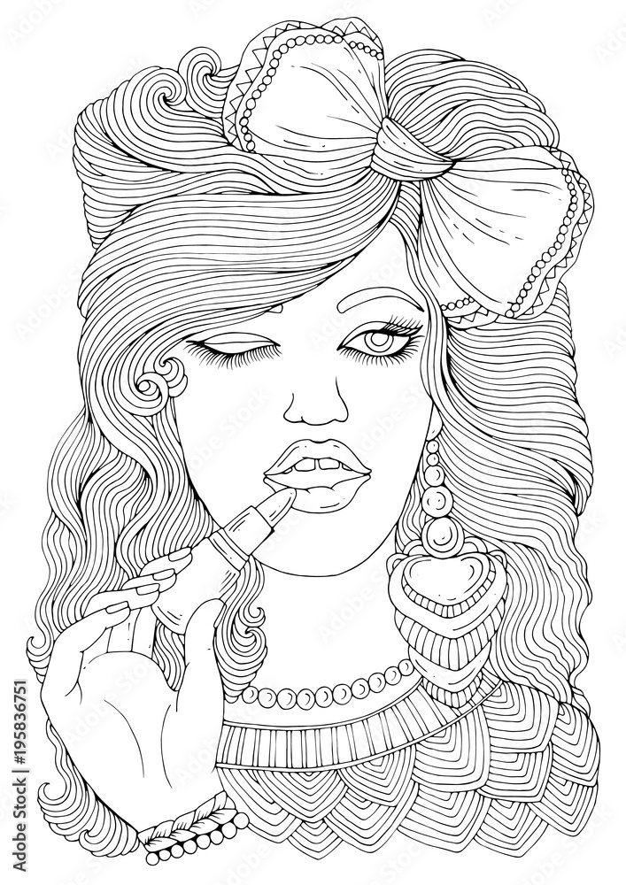 Vector hand drawn stylish young girl with a bow on her head applying make