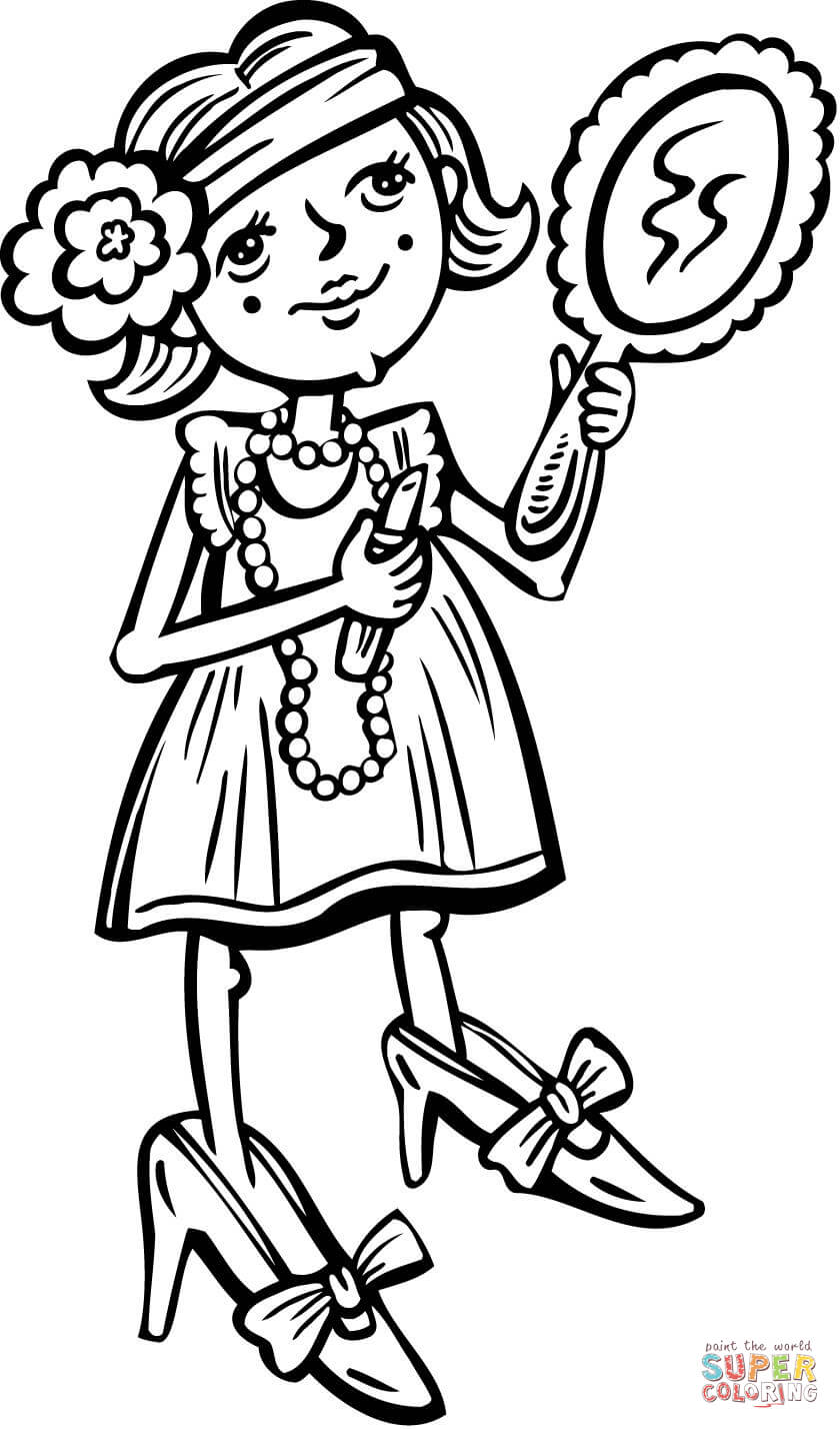 Young girl putting makeup on coloring page free printable coloring pages