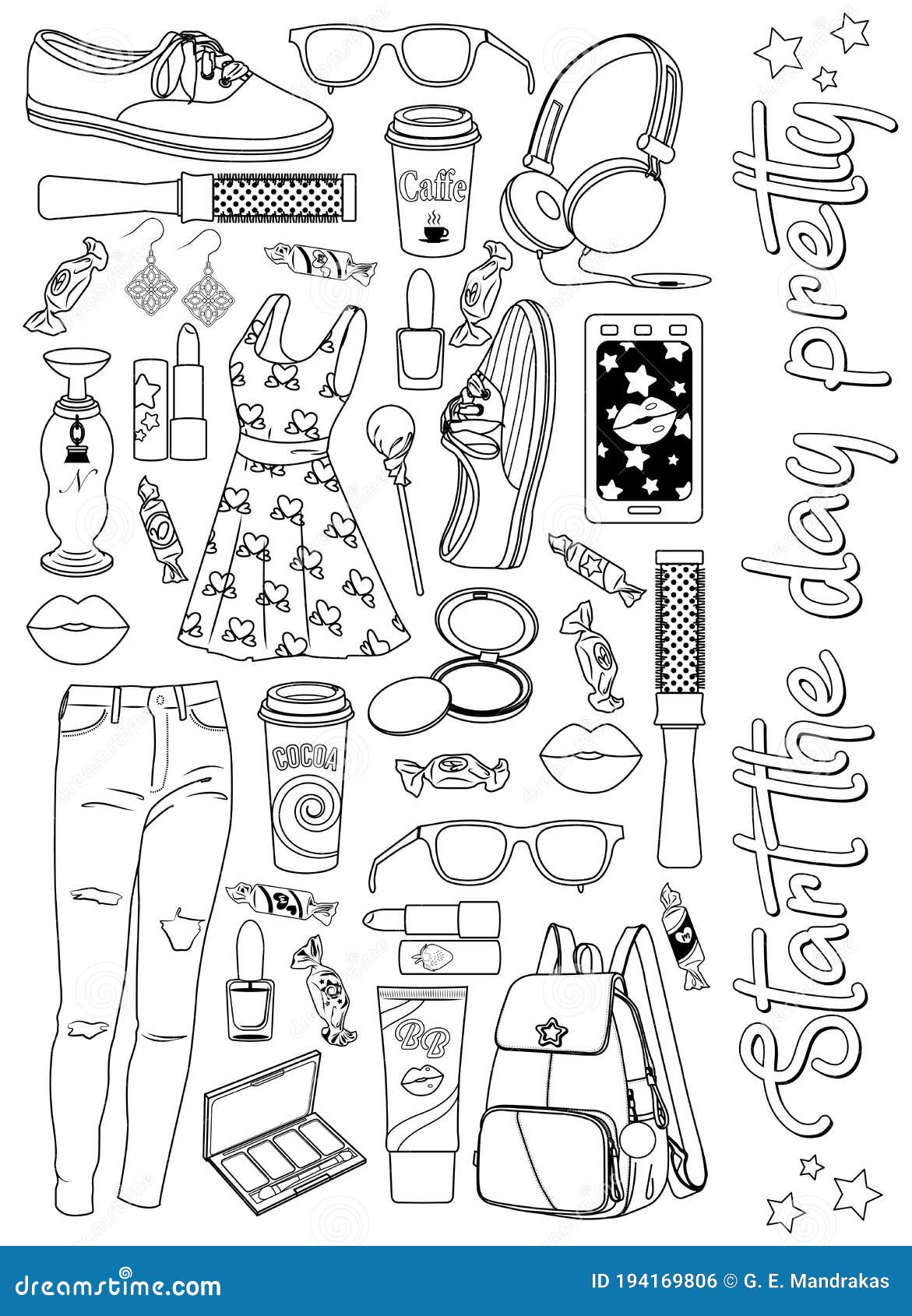 Teen girl makeup kit grooming clothes and sweets coloring sheet stock illustration