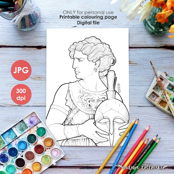 Athena coloring page imprimible para colorear adultos niãos art nouveau lineart alivio del estrãs diosa griega dibujo pintura medusa dollmaker