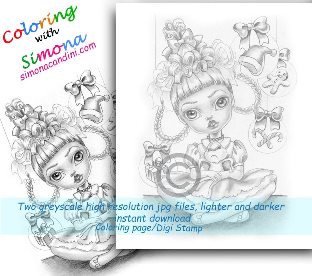 Cindy lou and litte grinch coloring page digi stamp escala de grises digital instant download jpg archivos mãs oscuros y claros simona candini