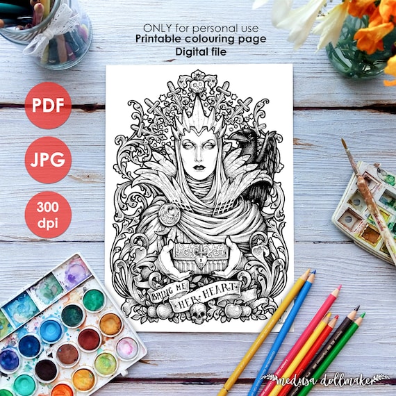 Pãgina para colorear de reina malvada imprimible jpg para colorear adultos niãos art nouveau lineart dibujo de bruja de halloween pintura medusa dollmaker