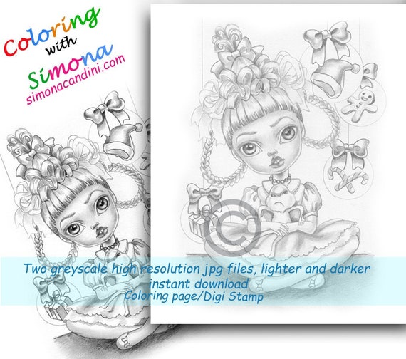 Cindy lou and litte grinch coloring page digi stamp escala de grises digital instant download jpg archivos mãs oscuros y claros simona candini