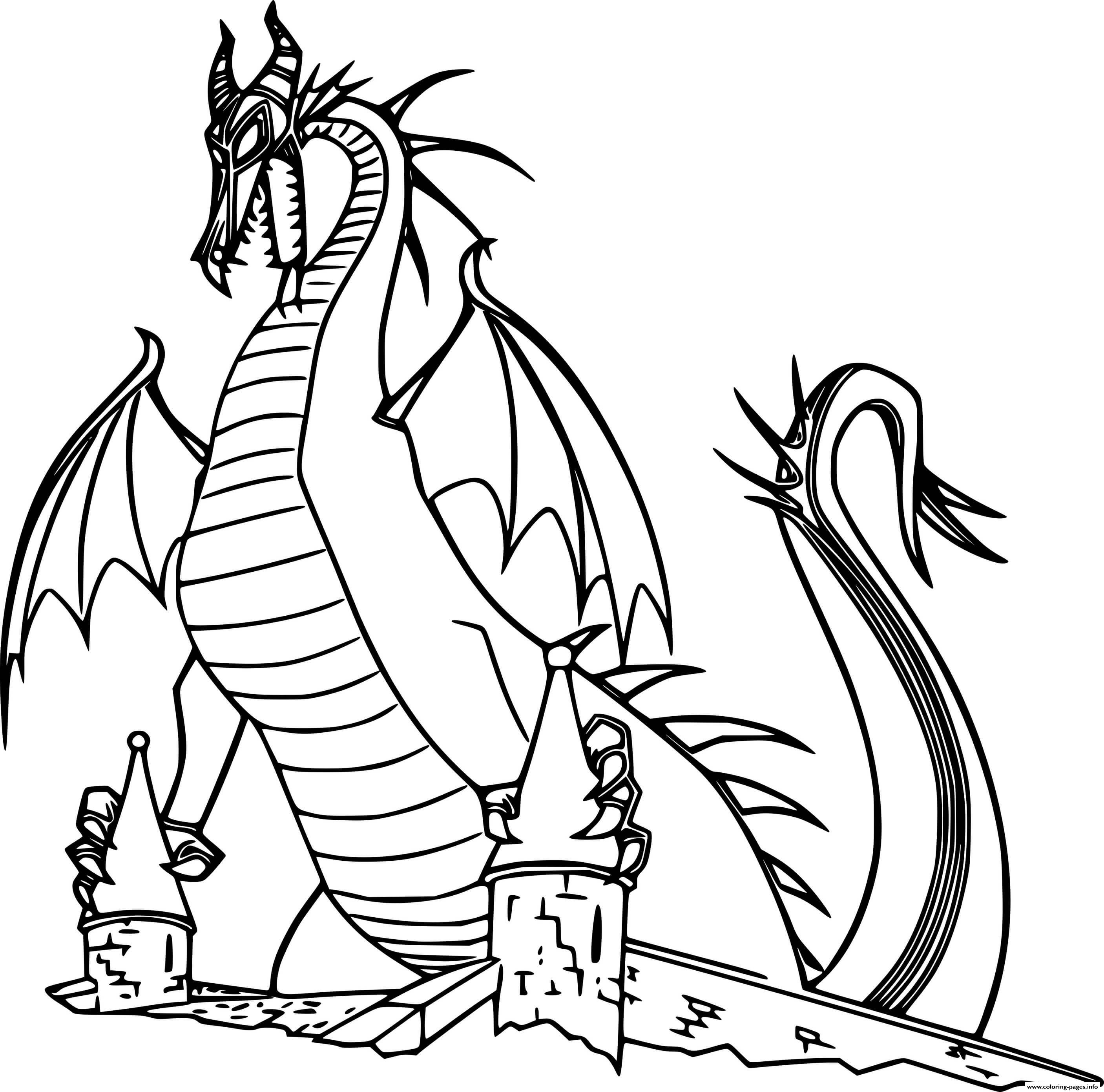 Maleficent dragon on the castle coloring page printable