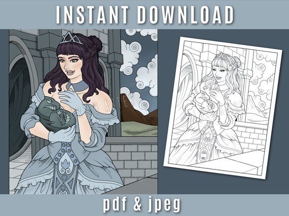 Baby dragon princess coloring page printable adult coloring page adult coloring pages fantasy coloring page