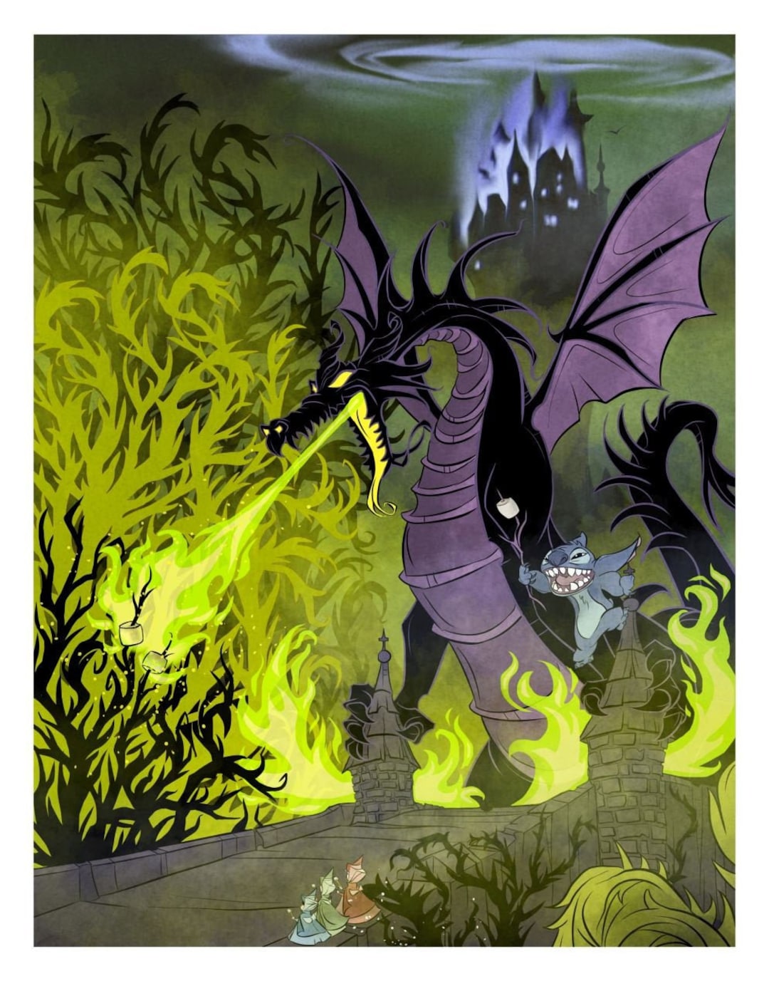 Maleficent sleeping beauty dragon stitch art print disney fan art geek nerdy mash up cute fantasy fun marshmallows