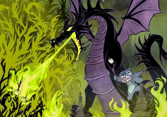 Maleficent sleeping beauty dragon stitch art print disney fan art geek nerdy mash up cute fantasy fun marshmallows